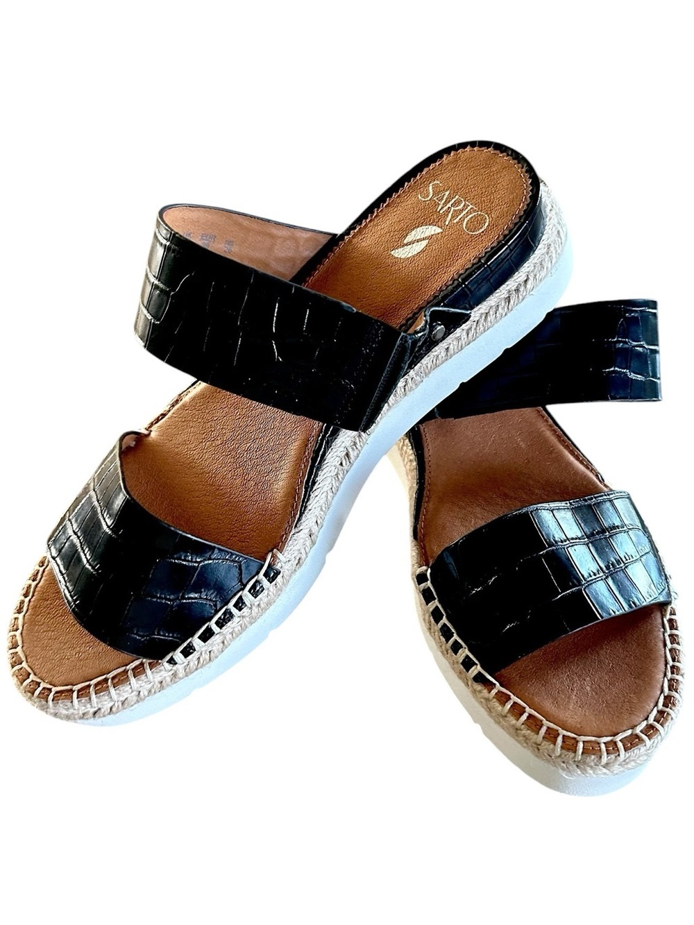 Franco Sarto Cappy Wedge Black Leather Strapped Espadrille Platform Sandals Sz 9